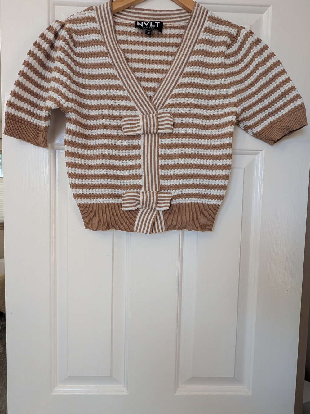 NVLT Beige and White Striped V‑Neck Bow Detail Sweater